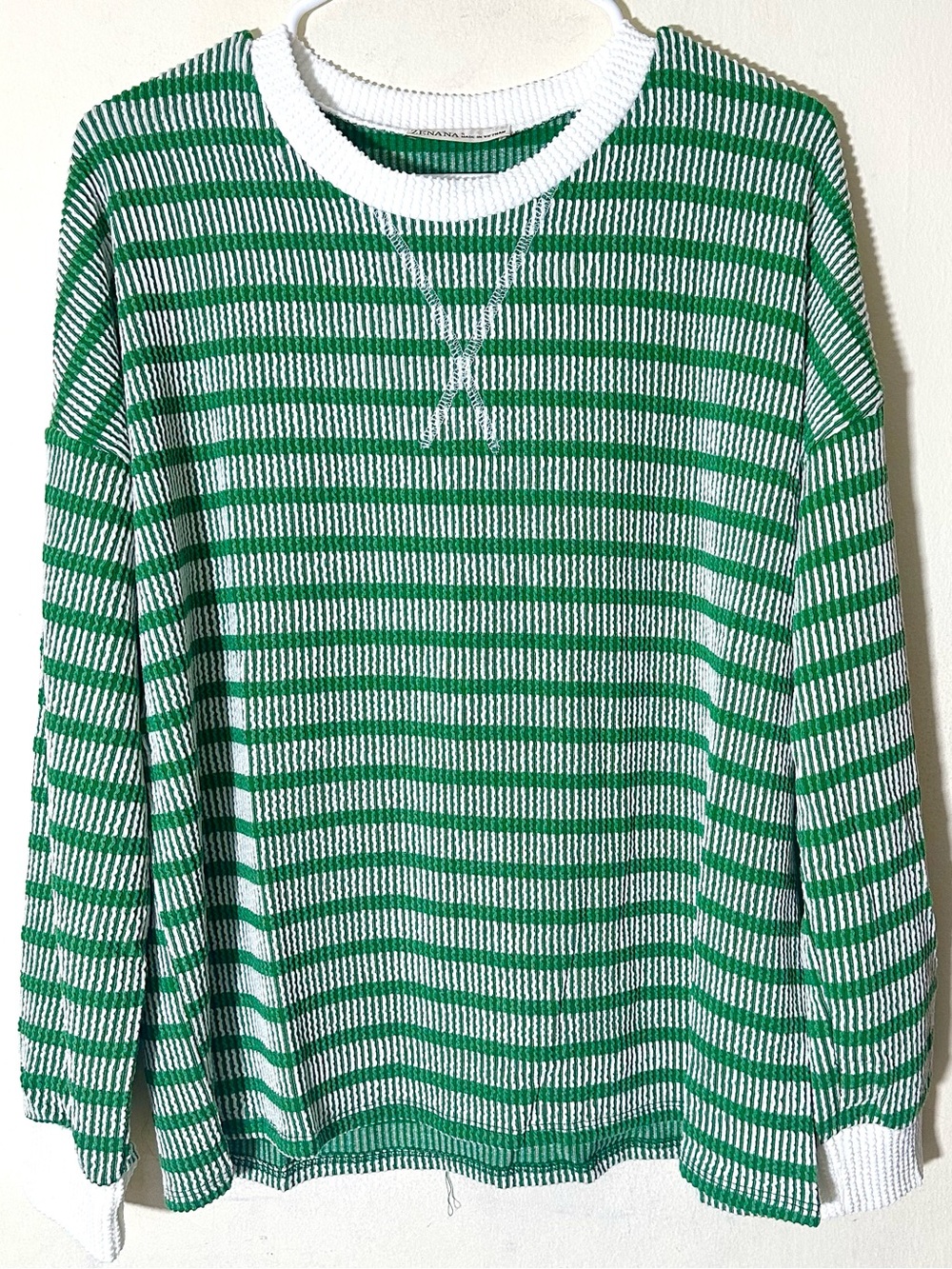 Zenana Raised Rib Striped Pullover & Wide Leg Pants Set Women’s Kelly Green - Picture 3 of 9